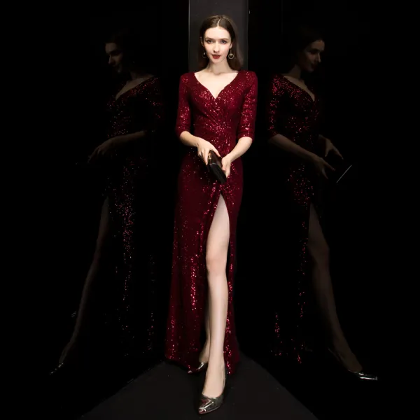 Sexy Burgundy Sequins Evening Dresses  2020 Trumpet / Mermaid Deep V-Neck 3/4 Sleeve Split Front Floor-Length / Long Formal Dresses