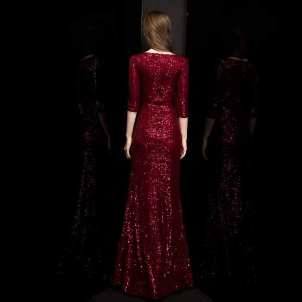 Sexy Bordeaux Paillettes Robe De Soirée 2020 Trompette / Sirène Col v profond 3/4 Manches Fendue devant Longue Robe De Ceremonie