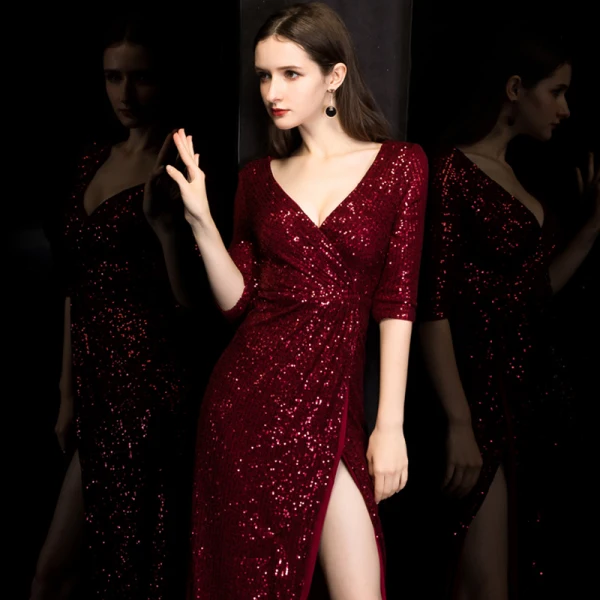Sexy Bordeaux Paillettes Robe De Soirée 2020 Trompette / Sirène Col v profond 3/4 Manches Fendue devant Longue Robe De Ceremonie
