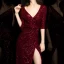 Sexy Bordeaux Paillettes Robe De Soirée 2020 Trompette / Sirène Col v profond 3/4 Manches Fendue devant Longue Robe De Ceremonie