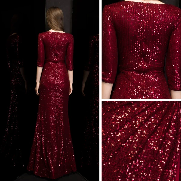 Sexy Bordeaux Paillettes Robe De Soirée 2020 Trompette / Sirène Col v profond 3/4 Manches Fendue devant Longue Robe De Ceremonie