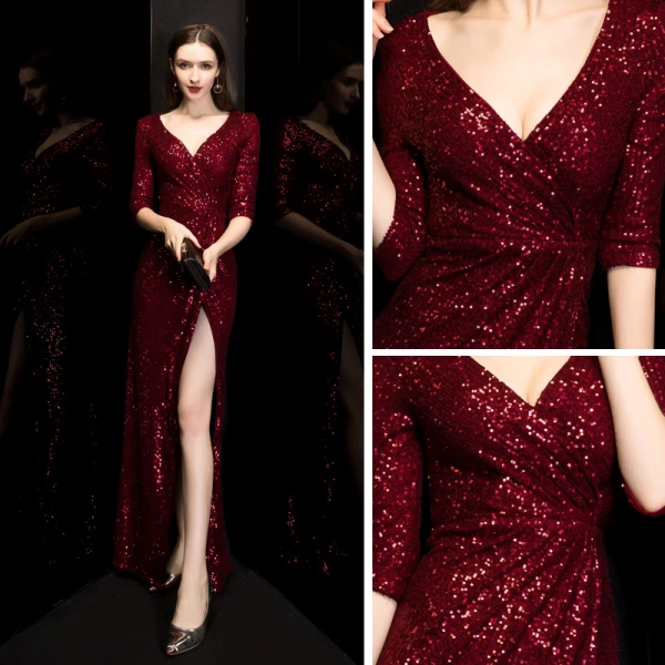Sexy Bordeaux Paillettes Robe De Soirée 2020 Trompette / Sirène Col v profond 3/4 Manches Fendue devant Longue Robe De Ceremonie
