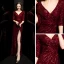 Sexy Bordeaux Paillettes Robe De Soirée 2020 Trompette / Sirène Col v profond 3/4 Manches Fendue devant Longue Robe De Ceremonie