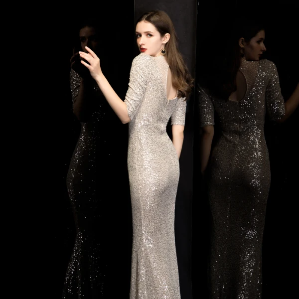Scintillantes Champagne Paillettes Robe De Soirée 2020 Trompette / Sirène Col Haut 1/2 Manches Perlage Longue Volants Dos Nu Robe De Ceremonie