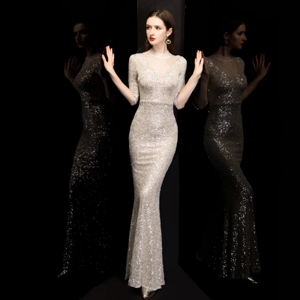 Scintillantes Champagne Paillettes Robe De Soirée 2020 Trompette / Sirène Col Haut 1/2 Manches Perlage Longue Volants Dos Nu Robe De Ceremonie