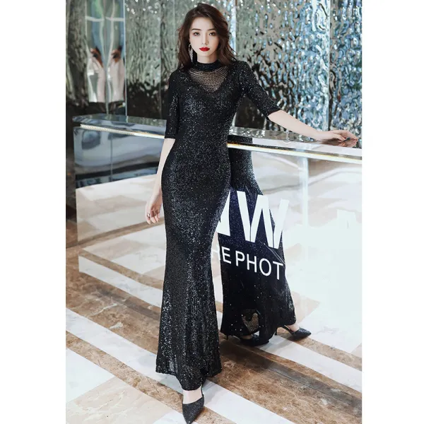 Scintillantes Champagne Paillettes Robe De Soirée 2020 Trompette / Sirène Col Haut 1/2 Manches Perlage Longue Volants Dos Nu Robe De Ceremonie