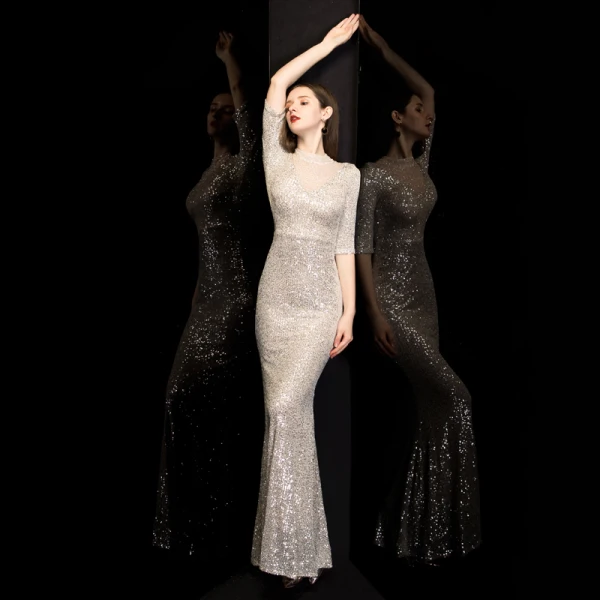 Scintillantes Champagne Paillettes Robe De Soirée 2020 Trompette / Sirène Col Haut 1/2 Manches Perlage Longue Volants Dos Nu Robe De Ceremonie