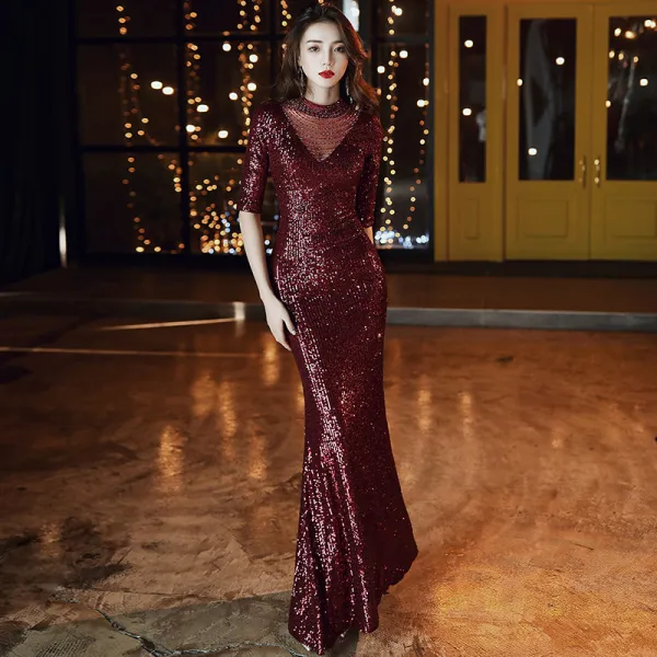Scintillantes Champagne Paillettes Robe De Soirée 2020 Trompette / Sirène Col Haut 1/2 Manches Perlage Longue Volants Dos Nu Robe De Ceremonie