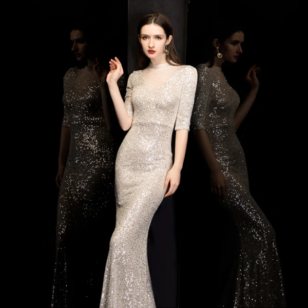 Scintillantes Champagne Paillettes Robe De Soirée 2020 Trompette / Sirène Col Haut 1/2 Manches Perlage Longue Volants Dos Nu Robe De Ceremonie