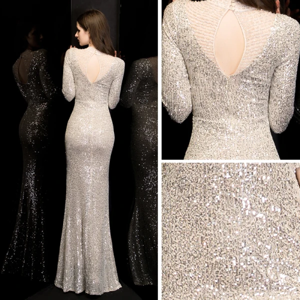 Scintillantes Champagne Paillettes Robe De Soirée 2020 Trompette / Sirène Col Haut 1/2 Manches Perlage Longue Volants Dos Nu Robe De Ceremonie