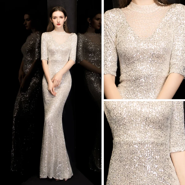 Scintillantes Champagne Paillettes Robe De Soirée 2020 Trompette / Sirène Col Haut 1/2 Manches Perlage Longue Volants Dos Nu Robe De Ceremonie