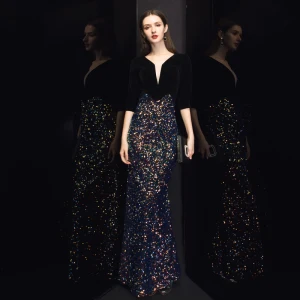Chic Beautiful Black Velour Evening Dresses 2020 Trumpet Mermaid Deep V Neck 3 4 Sleeve Sequins Floor Length Long Ruffle Formal Dresses