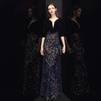 Chic Belle Noire Velour Robe De Soirée 2020 Trompette Sirène Col V Profond 3 4 Manches Paillettes Longue Volants Robe De Ceremonie