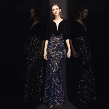 Chic Beautiful Black Velour Evening Dresses 2020 Trumpet Mermaid Deep V Neck 3 4 Sleeve Sequins Floor Length Long Ruffle Formal Dresses