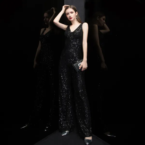 Sparkly Black Sequins Jumpsuit 2020 V-Neck Sleeveless Floor-Length / Long Ruffle Backless Evening Dresses