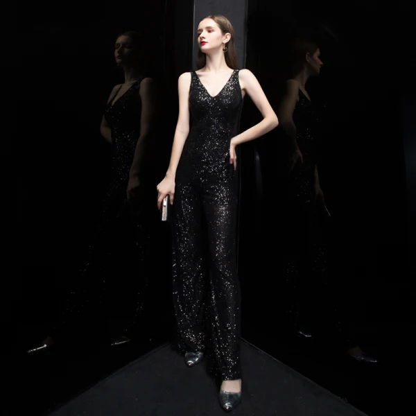 Scintillantes Noire Paillettes Combinaison 2020 V-Cou Sans Manches Longue Volants Dos Nu Robe De Soirée