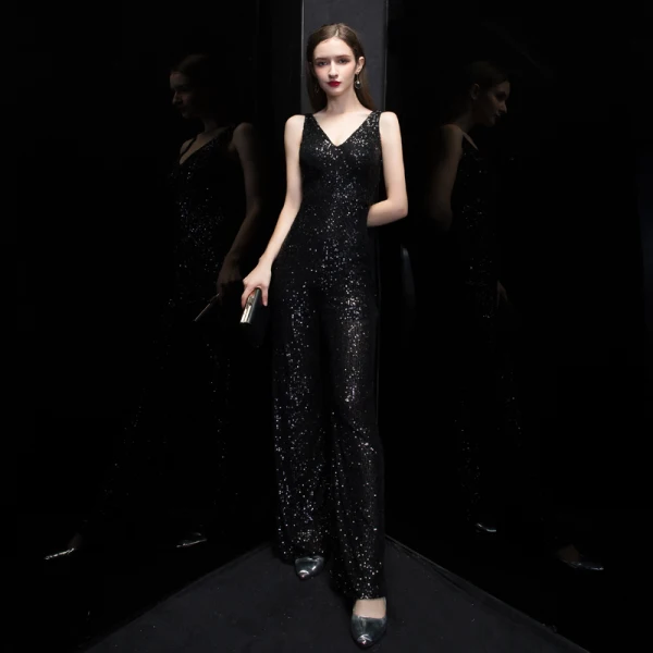 Scintillantes Noire Paillettes Combinaison 2020 V-Cou Sans Manches Longue Volants Dos Nu Robe De Soirée