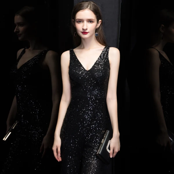 Scintillantes Noire Paillettes Combinaison 2020 V-Cou Sans Manches Longue Volants Dos Nu Robe De Soirée