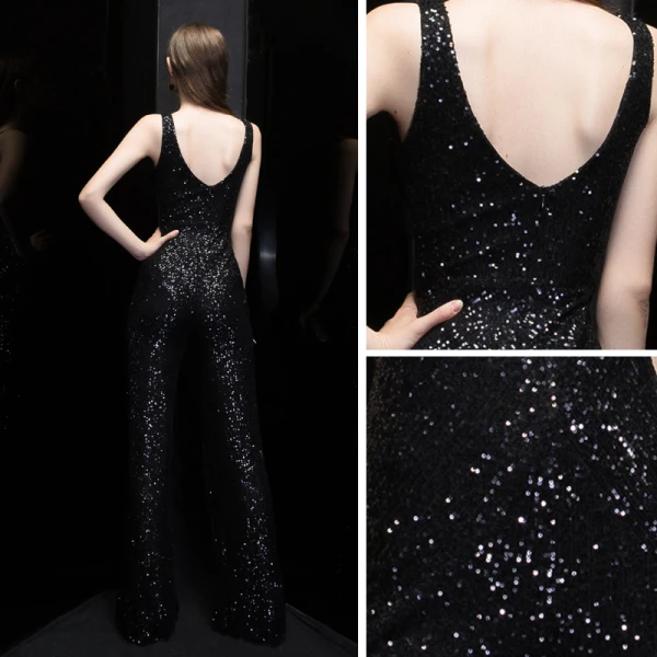 Scintillantes Noire Paillettes Combinaison 2020 V-Cou Sans Manches Longue Volants Dos Nu Robe De Soirée