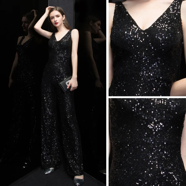Scintillantes Noire Paillettes Combinaison 2020 V-Cou Sans Manches Longue Volants Dos Nu Robe De Soirée