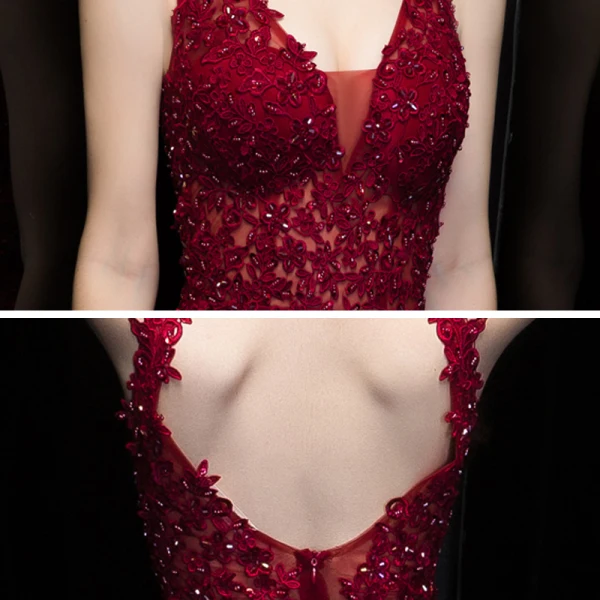 Sexy Bordeaux Robe De Soirée 2020 Trompette / Sirène Col v profond Sans Manches Percé Appliques En Dentelle Perlage Train De Balayage Volants Dos Nu Robe De Ceremonie
