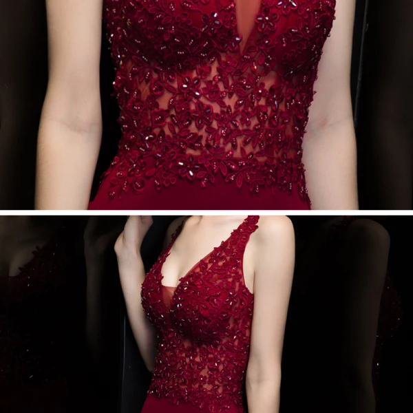 Sexy Bordeaux Robe De Soirée 2020 Trompette / Sirène Col v profond Sans Manches Percé Appliques En Dentelle Perlage Train De Balayage Volants Dos Nu Robe De Ceremonie