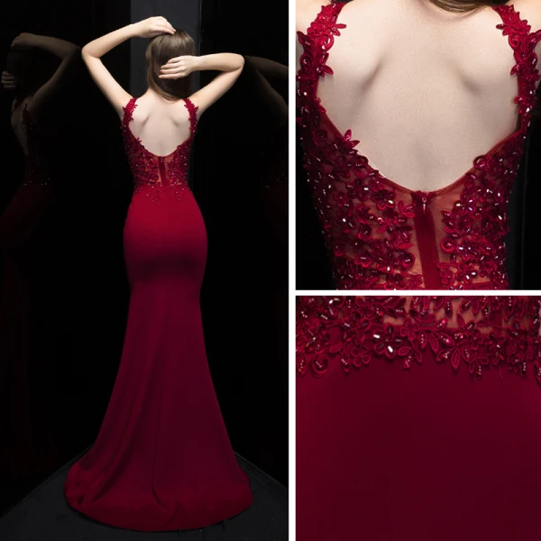 Sexy Bordeaux Robe De Soirée 2020 Trompette / Sirène Col v profond Sans Manches Percé Appliques En Dentelle Perlage Train De Balayage Volants Dos Nu Robe De Ceremonie