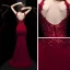 Sexy Bordeaux Robe De Soirée 2020 Trompette / Sirène Col v profond Sans Manches Percé Appliques En Dentelle Perlage Train De Balayage Volants Dos Nu Robe De Ceremonie
