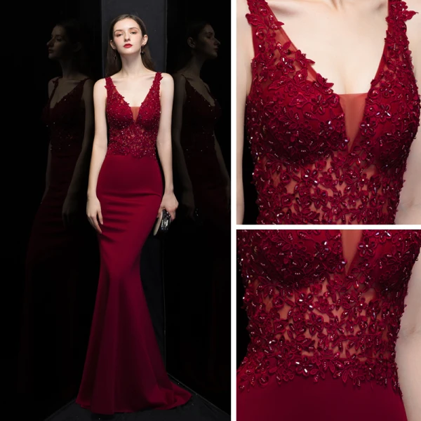 Sexy Bordeaux Robe De Soirée 2020 Trompette / Sirène Col v profond Sans Manches Percé Appliques En Dentelle Perlage Train De Balayage Volants Dos Nu Robe De Ceremonie