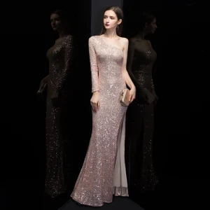 Abordable Or Rose Paillettes Robe De Soirée 2020 Trompette Sirène Une Épaule Manches Longues Fendue Devant Longue Dos Nu Robe De Ceremonie