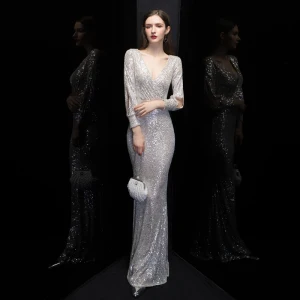Sparkly Silver Sequins Evening Dresses 2020 Trumpet Mermaid Deep V Neck Puffy Long Sleeve Floor Length Long Formal Dresses