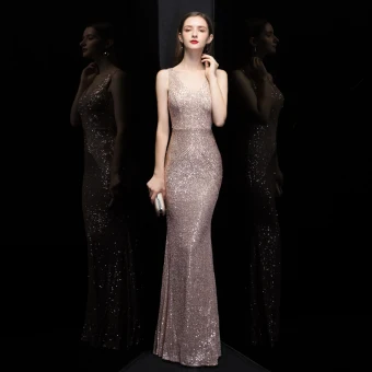 Affordable Rose Gold Sequins Evening Dresses 2020 Trumpet Mermaid V Neck Sleeveless Floor Length Long Ruffle Backless Formal Dresses