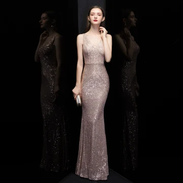 Abordable Or Rose Paillettes Robe De Soirée 2020 Trompette Sirène V Cou Sans Manches Longue Volants Dos Nu Robe De Ceremonie