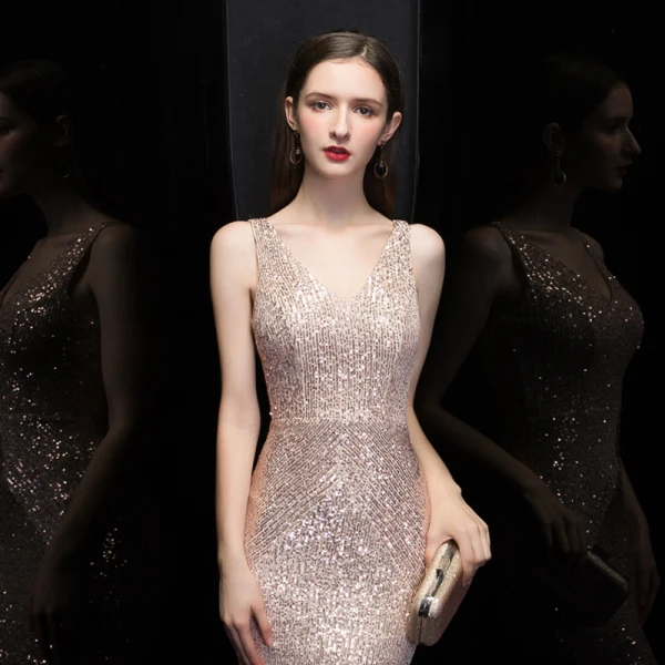 Abordable Or Rose Paillettes Robe De Soirée 2020 Trompette / Sirène V-Cou Sans Manches Longue Volants Dos Nu Robe De Ceremonie