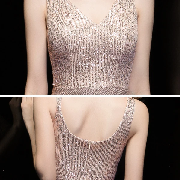 Abordable Or Rose Paillettes Robe De Soirée 2020 Trompette / Sirène V-Cou Sans Manches Longue Volants Dos Nu Robe De Ceremonie