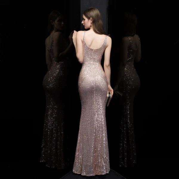 Abordable Or Rose Paillettes Robe De Soirée 2020 Trompette / Sirène V-Cou Sans Manches Longue Volants Dos Nu Robe De Ceremonie