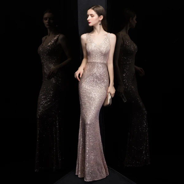 Abordable Or Rose Paillettes Robe De Soirée 2020 Trompette / Sirène V-Cou Sans Manches Longue Volants Dos Nu Robe De Ceremonie