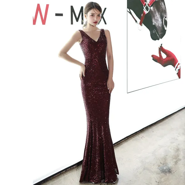 Abordable Or Rose Paillettes Robe De Soirée 2020 Trompette / Sirène V-Cou Sans Manches Longue Volants Dos Nu Robe De Ceremonie