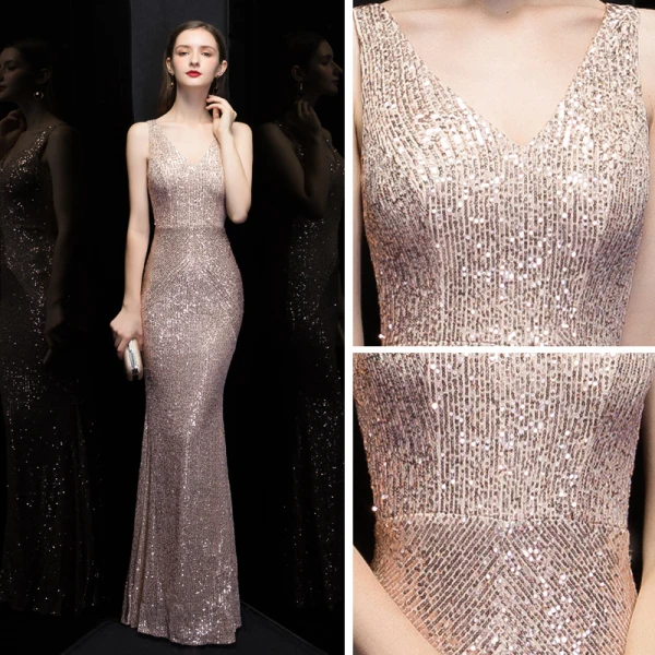 Abordable Or Rose Paillettes Robe De Soirée 2020 Trompette / Sirène V-Cou Sans Manches Longue Volants Dos Nu Robe De Ceremonie