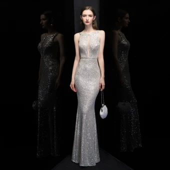 Mode Argenté Paillettes Robe De Soirée 2020 Trompette Sirène Encolure Carrée Sans Manches Longue Dos Nu Robe De Ceremonie