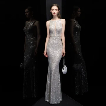 Mode Argenté Paillettes Robe De Soirée 2020 Trompette Sirène Encolure Carrée Sans Manches Longue Dos Nu Robe De Ceremonie