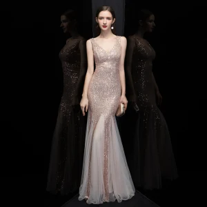Scintillantes Or Rose Paillettes Robe De Soirée 2020 Trompette Sirène V Cou Sans Manches Longue Volants Dos Nu Robe De Ceremonie