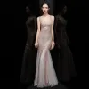 Glitzernden Rose Gold Pailletten Abendkleider 2020 Meerjungfrau V-Ausschnitt Ärmellos Lange Rüschen Rückenfreies Festliche Kleider