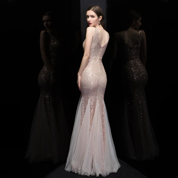 Scintillantes Or Rose Paillettes Robe De Soirée 2020 Trompette / Sirène V-Cou Sans Manches Longue Volants Dos Nu Robe De Ceremonie