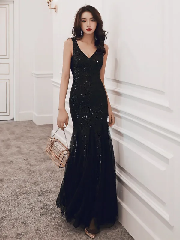 Scintillantes Or Rose Paillettes Robe De Soirée 2020 Trompette / Sirène V-Cou Sans Manches Longue Volants Dos Nu Robe De Ceremonie