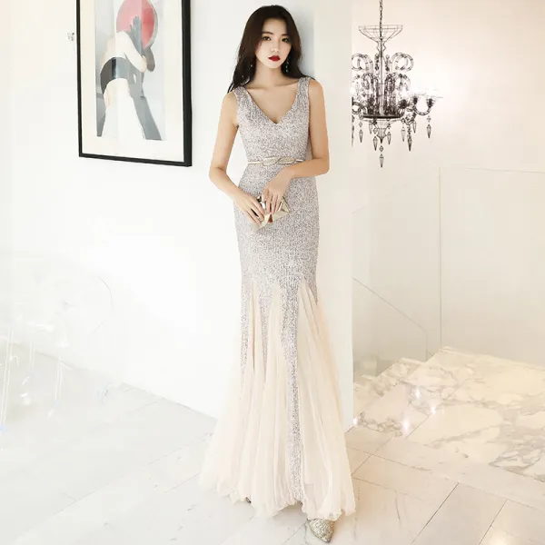Scintillantes Or Rose Paillettes Robe De Soirée 2020 Trompette / Sirène V-Cou Sans Manches Longue Volants Dos Nu Robe De Ceremonie