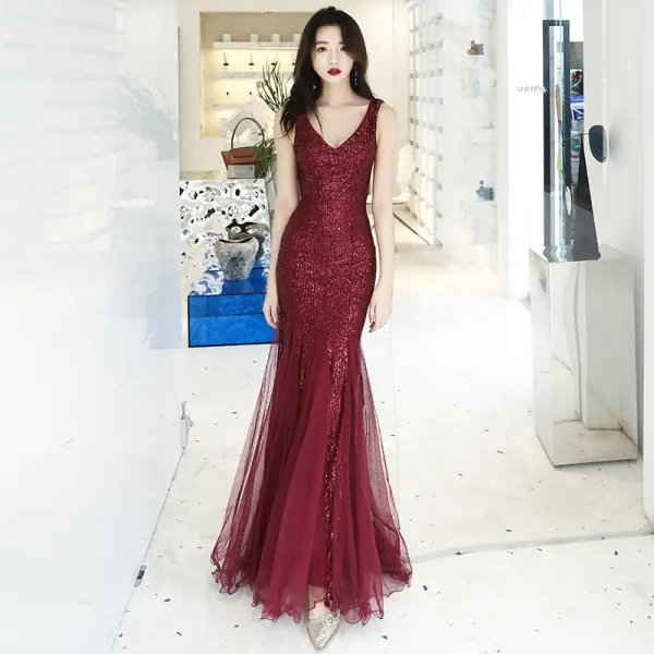 Scintillantes Or Rose Paillettes Robe De Soirée 2020 Trompette / Sirène V-Cou Sans Manches Longue Volants Dos Nu Robe De Ceremonie