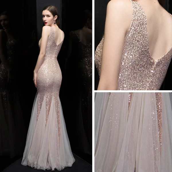 Scintillantes Or Rose Paillettes Robe De Soirée 2020 Trompette / Sirène V-Cou Sans Manches Longue Volants Dos Nu Robe De Ceremonie