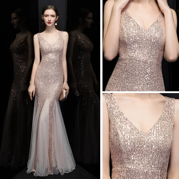 Scintillantes Or Rose Paillettes Robe De Soirée 2020 Trompette / Sirène V-Cou Sans Manches Longue Volants Dos Nu Robe De Ceremonie