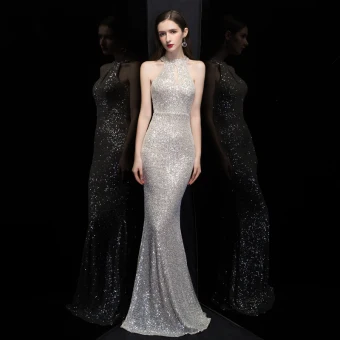 Abordable Argenté Paillettes Robe De Soirée 2020 Trompette Sirène Encolure Dégagée Sans Manches Longue Robe De Ceremonie